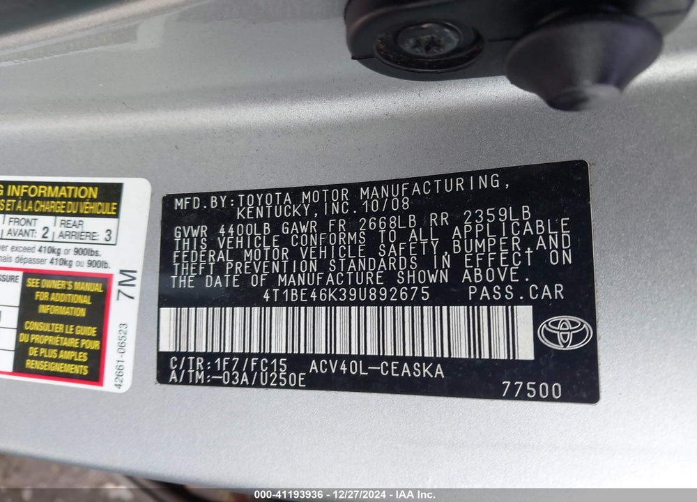 2009 TOYOTA CAMRY SE VIN: 4T1BE46K39U892675