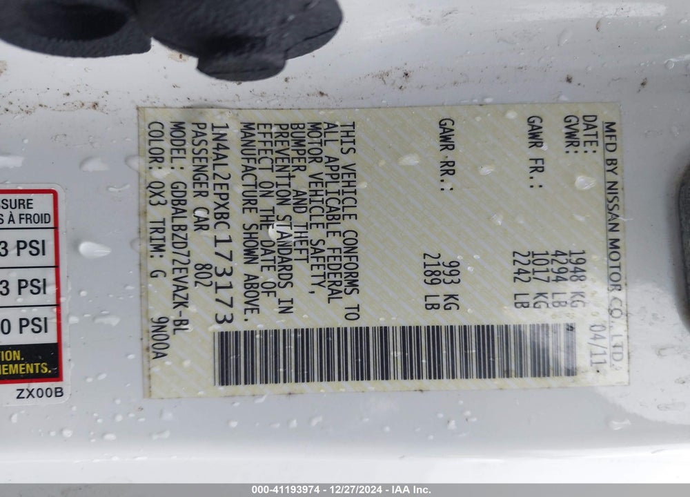 2011 NISSAN ALTIMA VIN: 1N4AL2EPXBC173173