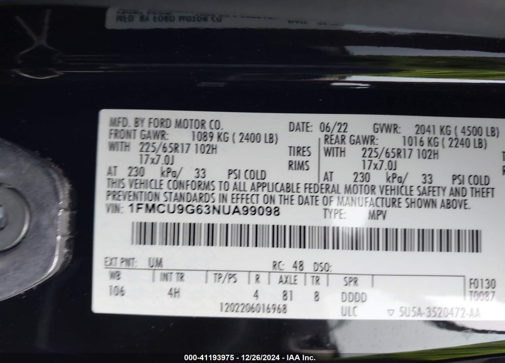 2022 FORD ESCAPE SE VIN: 1FMCU9G63NUA99098