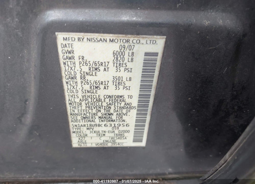 2008 NISSAN PATHFINDER SE VIN: 5N1AR18U98C631956