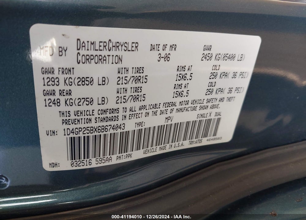 2006 DODGE CARAVAN SE VIN: 1D4GP25BX6B674043