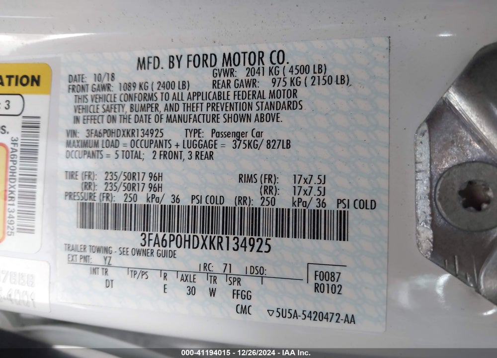 2019 FORD FUSION VIN: 3FA6P0HDXKR134925
