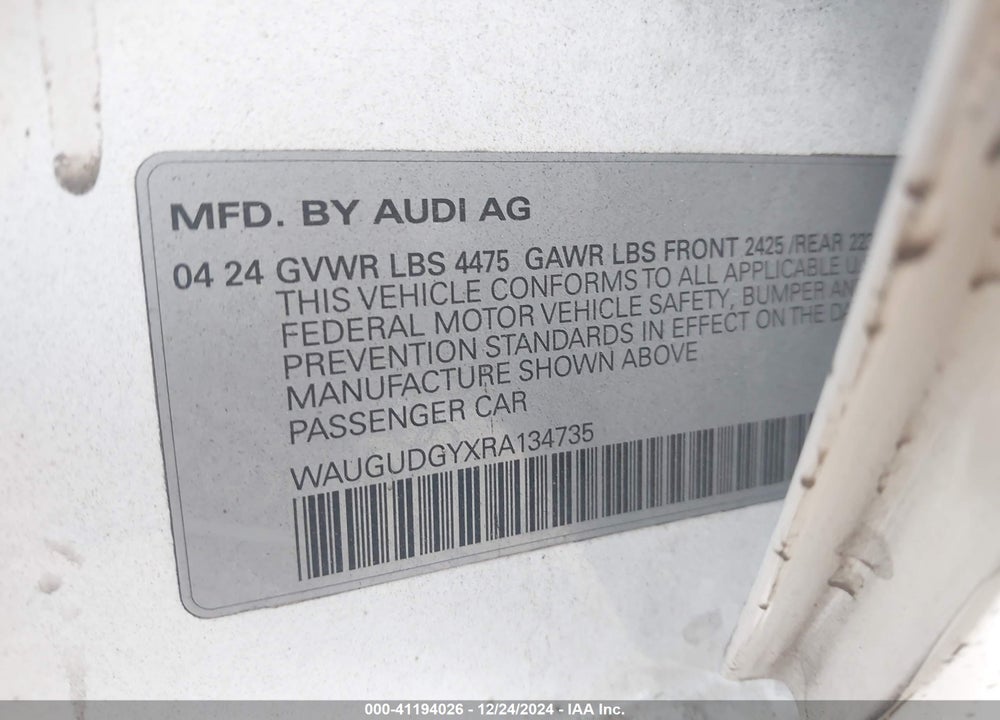 2024 AUDI A3 VIN: WAUGUDGYXRA134735