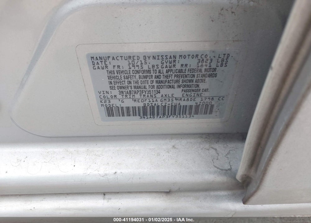 2015 NISSAN SENTRA VIN: 3N1AB7AP3FY351134