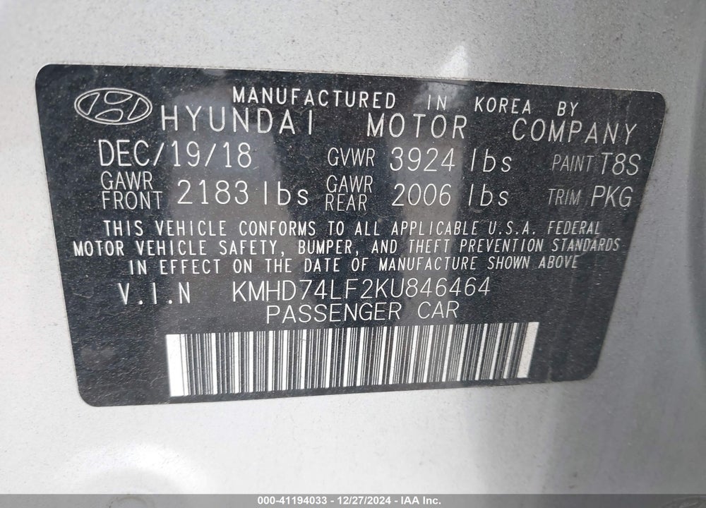 2019 HYUNDAI ELANTRA SE VIN: KMHD74LF2KU846464