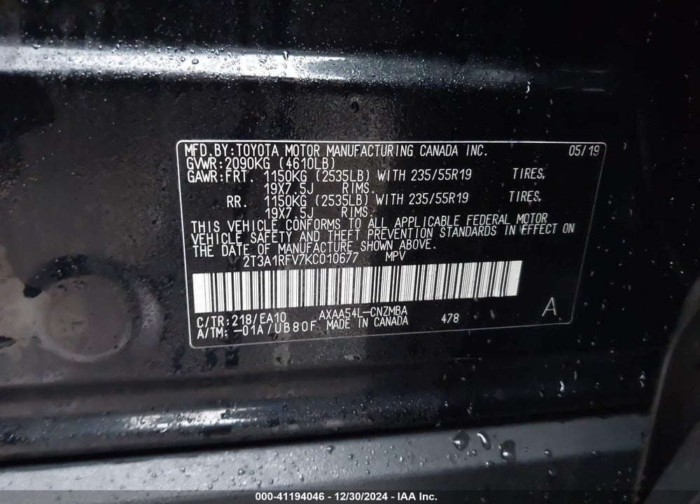 2019 TOYOTA RAV4 XLE PREMIUM VIN: 2T3A1RFV7KC010677