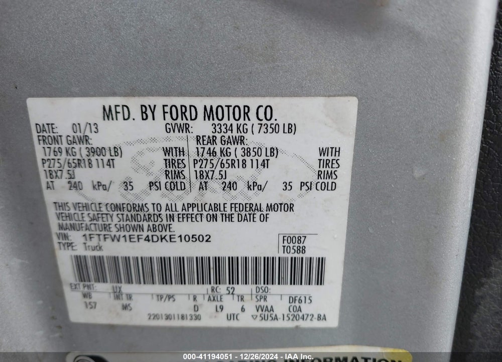 2013 FORD F-150 VIN: 1FTFW1EF4DKE10502