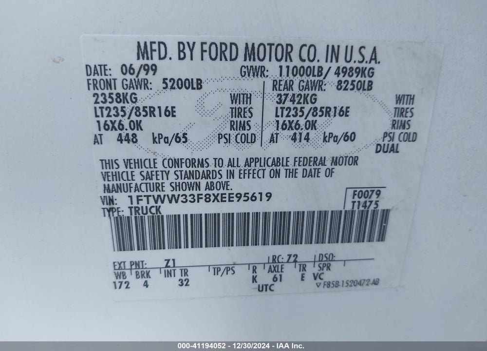 1999 FORD F-350 LARIAT/XL/XLT VIN: 1FTWW33F8XEE95619