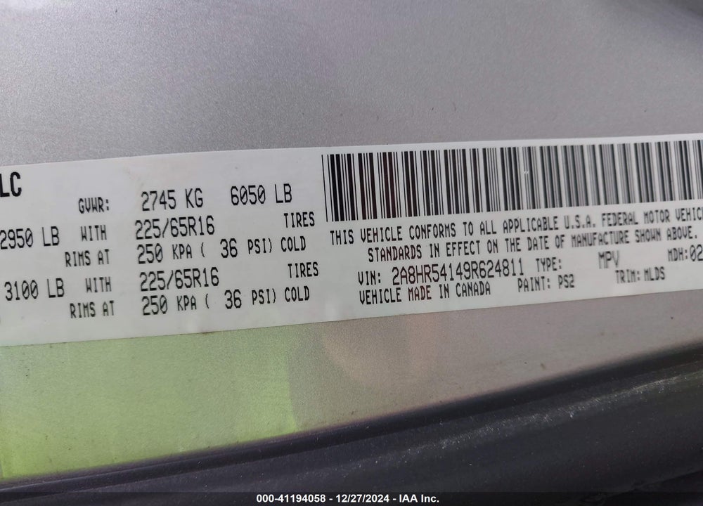 2009 CHRYSLER TOWN & COUNTRY TOURING VIN: 2A8HR54149R624811