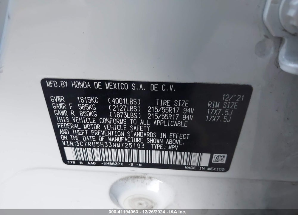 2022 HONDA HR-V 2WD LX VIN: 3CZRU5H33NM725193