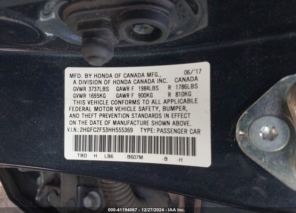 2017 HONDA CIVIC VIN: 2HGFC2F53HH555369