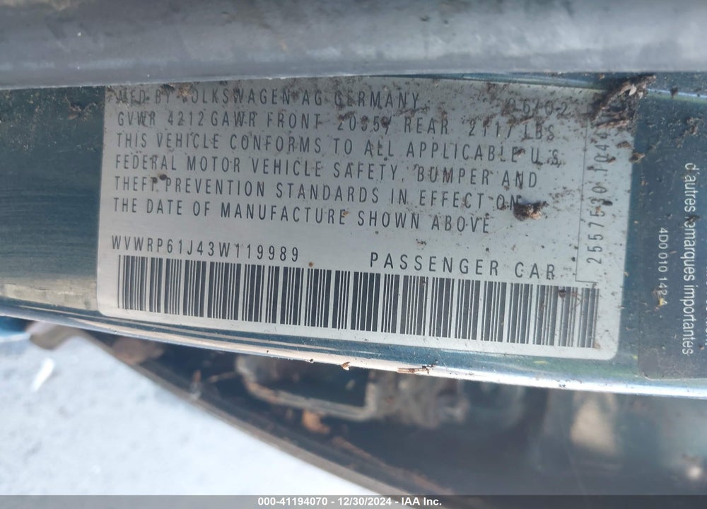 2003 VOLKSWAGEN JETTA GL TDI VIN: WVWRP61J43W119989
