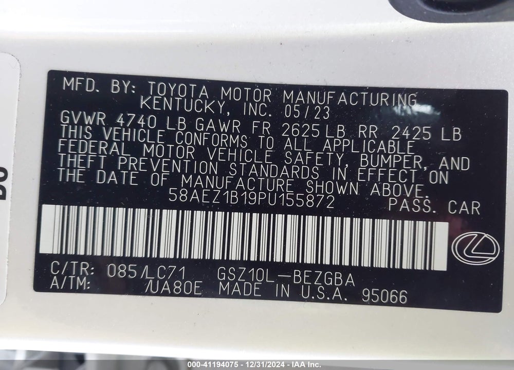 2023 LEXUS ES 350 LUXURY VIN: 58AEZ1B19PU155872