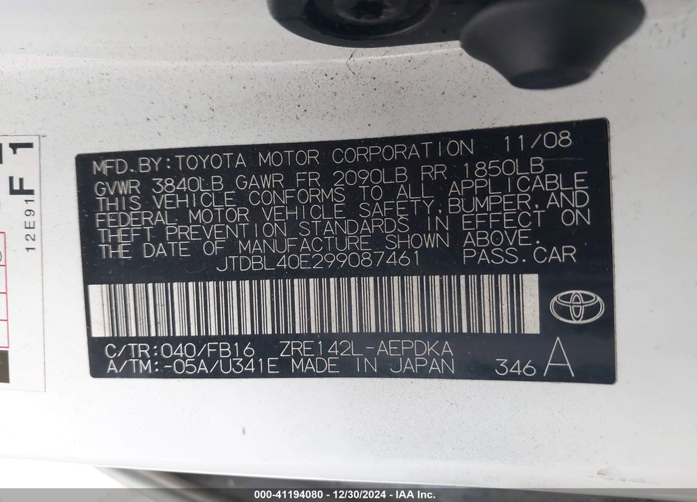 2009 TOYOTA COROLLA VIN: JTDBL40E299087461