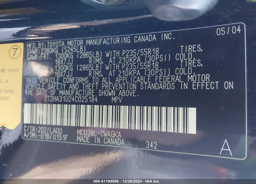 2004 LEXUS RX 330 VIN: 2T2HA31U24C025184