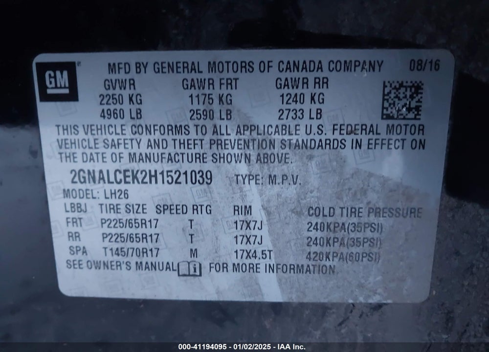2017 CHEVROLET EQUINOX LT VIN: 2GNALCEK2H1521039