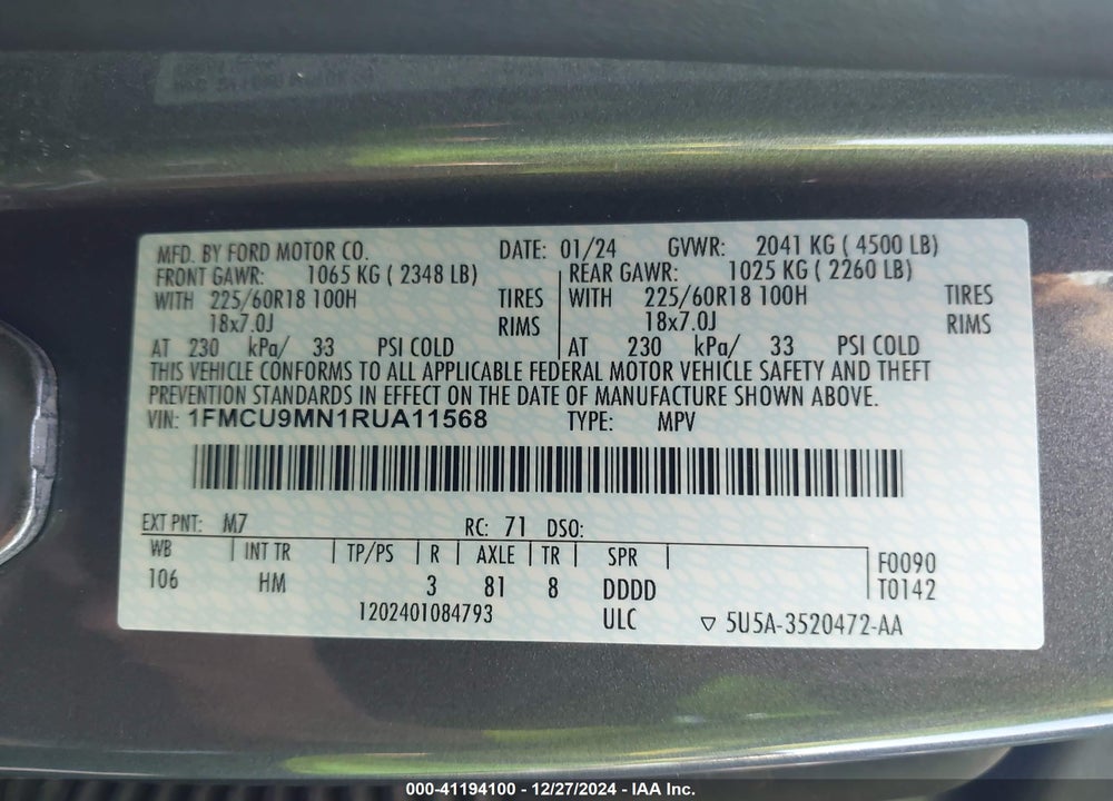 2024 FORD ESCAPE ST LINE VIN: 1FMCU9MN1RUA11568