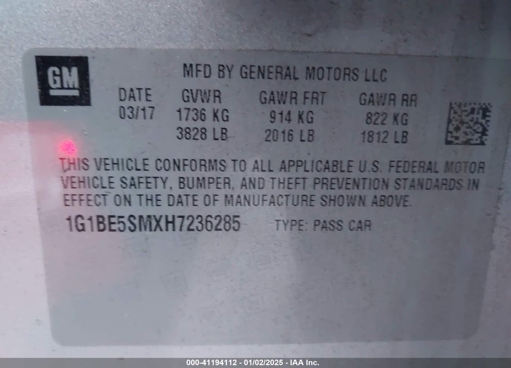 2017 CHEVROLET CRUZE VIN: 1G1BE5SMXH7236285