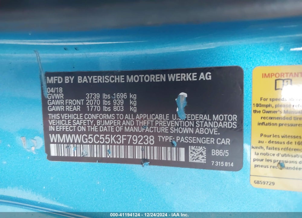 2019 MINI CONVERTIBLE VIN: WMWWG5C55K3F79238