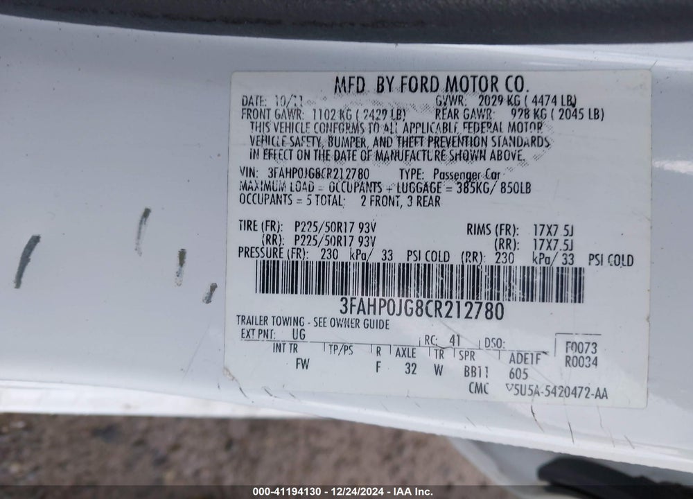 2012 FORD FUSION SEL VIN: 3FAHP0JG8CR212780