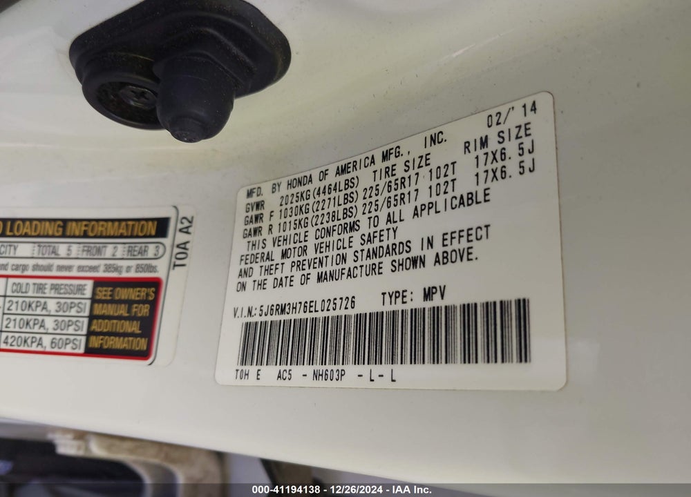 2014 HONDA CR-V EX-L VIN: 5J6RM3H76EL025726
