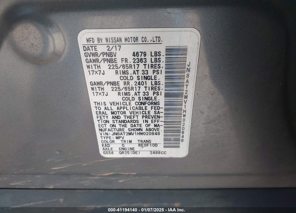 2017 NISSAN ROGUE S VIN: JN8AT2MV1HW020848
