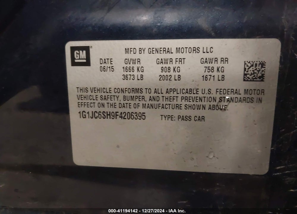 2015 CHEVROLET SONIC VIN: 1G1JC6SH9F4206395