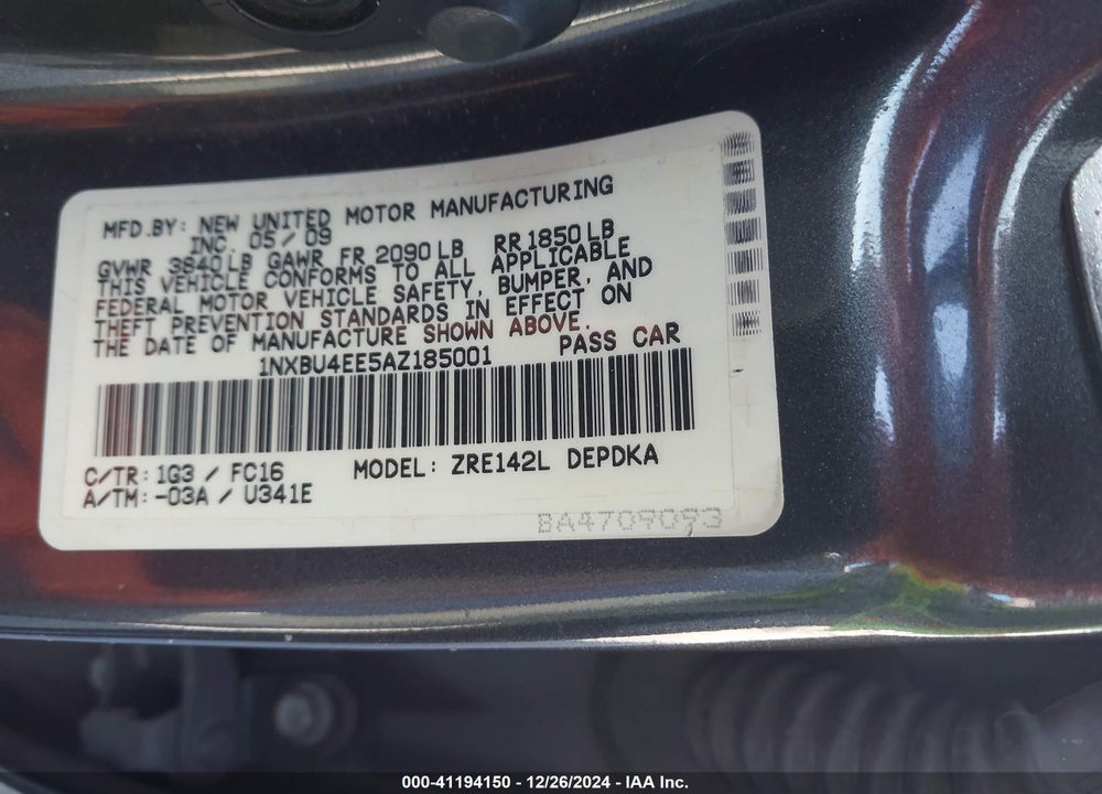 2010 TOYOTA COROLLA LE VIN: 1NXBU4EE5AZ185001