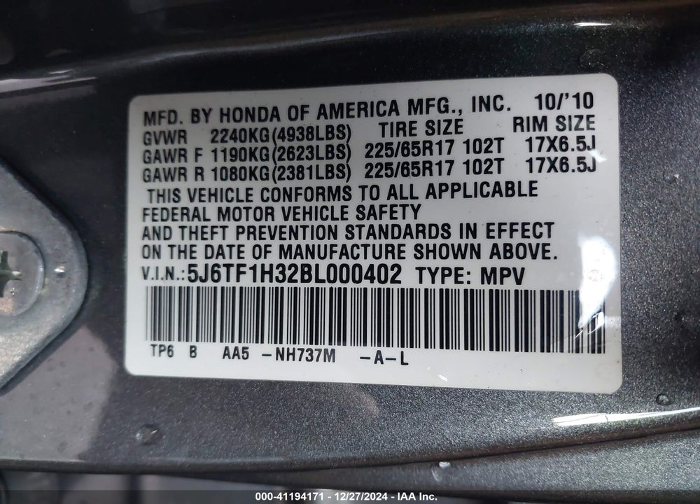 2011 HONDA ACCORD CROSSTOUR EX VIN: 5J6TF1H32BL000402
