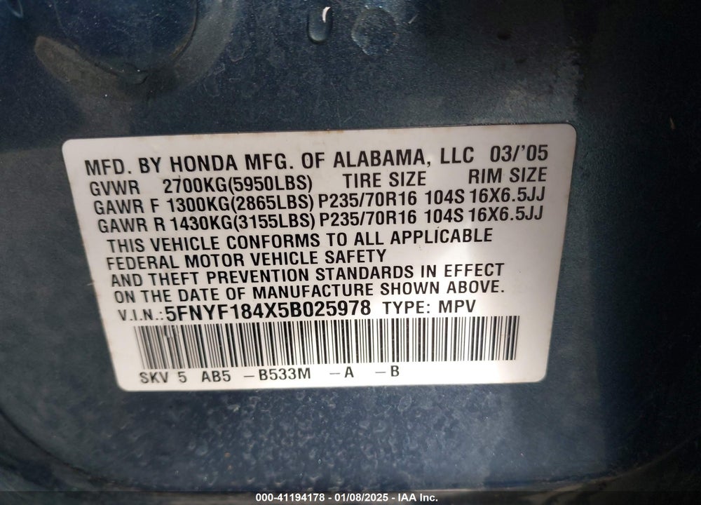 2005 HONDA PILOT EX VIN: 5FNYF184X5B025978