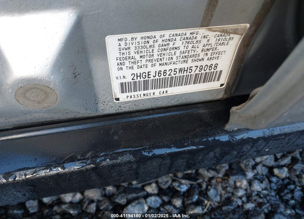 1998 HONDA CIVIC DX VIN: 2HGEJ6625WH579068