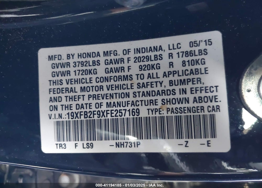 2015 HONDA CIVIC EX-L VIN: 19XFB2F9XFE257169