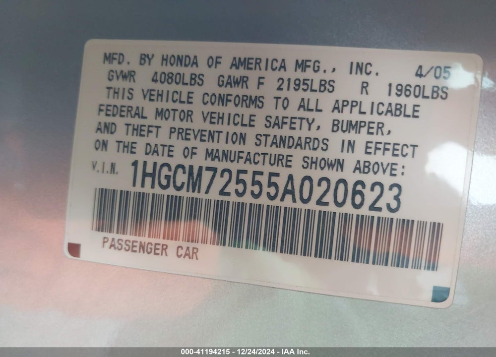 2005 HONDA ACCORD 2.4 LX SPECIAL EDITION VIN: 1HGCM72555A020623