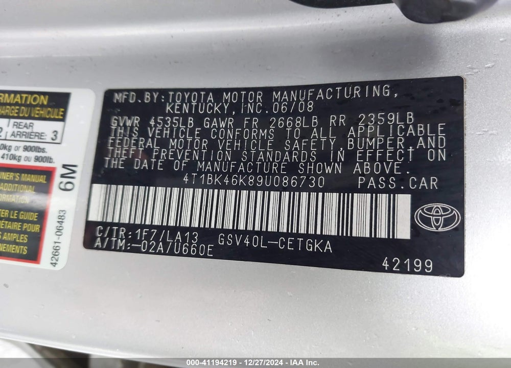 2009 TOYOTA CAMRY XLE V6 VIN: 4T1BK46K89U086730