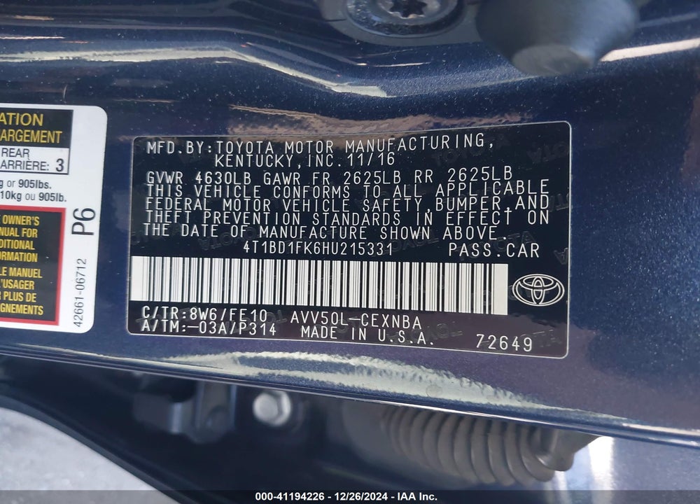 2017 TOYOTA CAMRY HYBRID LE VIN: 4T1BD1FK6HU215331