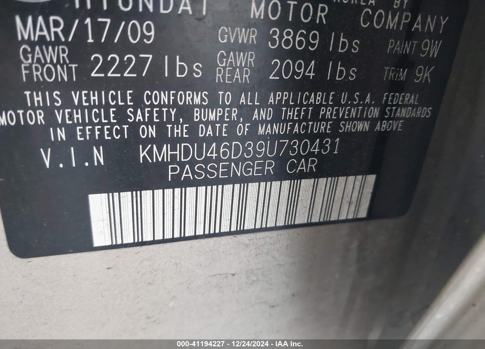 2009 HYUNDAI ELANTRA VIN: KMHDU46D39U730431