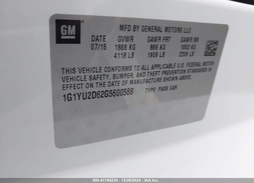 2016 CHEVROLET CORVETTE VIN: 1G1YU2D62G5600588