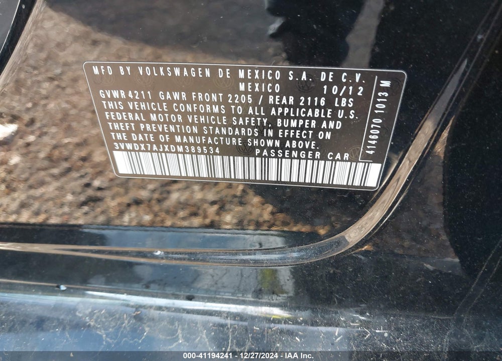 2013 VOLKSWAGEN JETTA VIN: 3VWDX7AJXDM389534