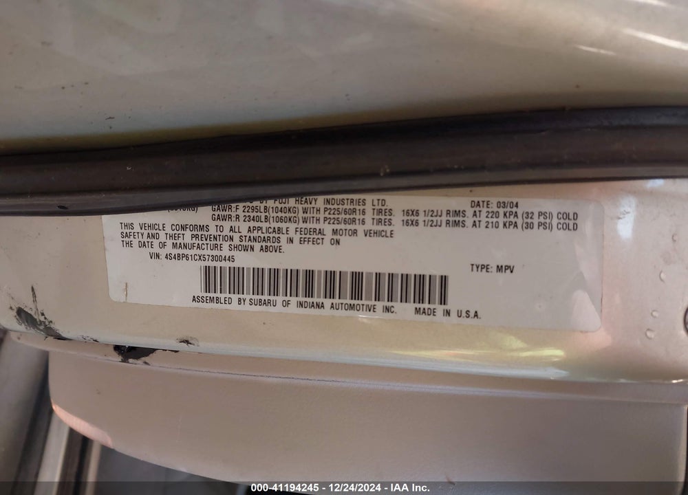 2005 SUBARU OUTBACK 2.5I VIN: 4S4BP61CX57300445