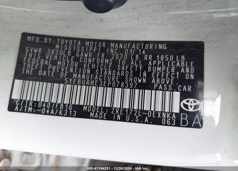 2014 TOYOTA COROLLA LE VIN: 5YFBURHE3EP078397