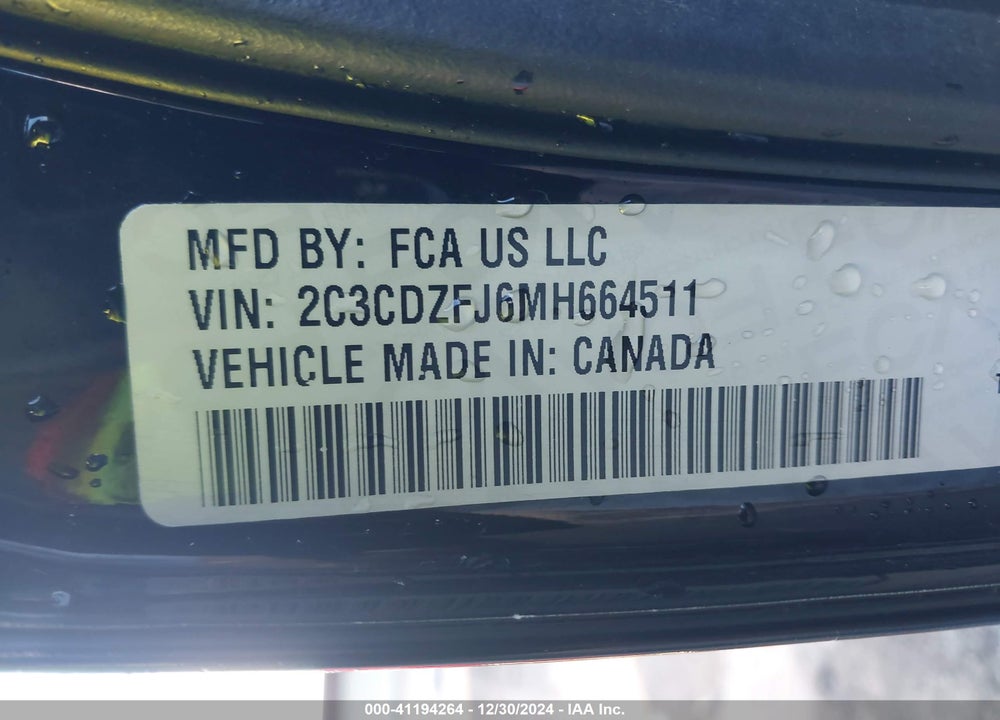 2021 DODGE CHALLENGER VIN: 2C3CDZFJ6MH664511