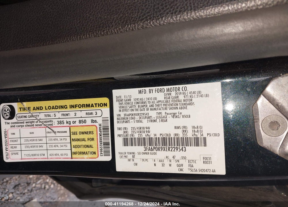 2014 FORD FUSION TITANIUM VIN: 3FA6P0K9XER229543