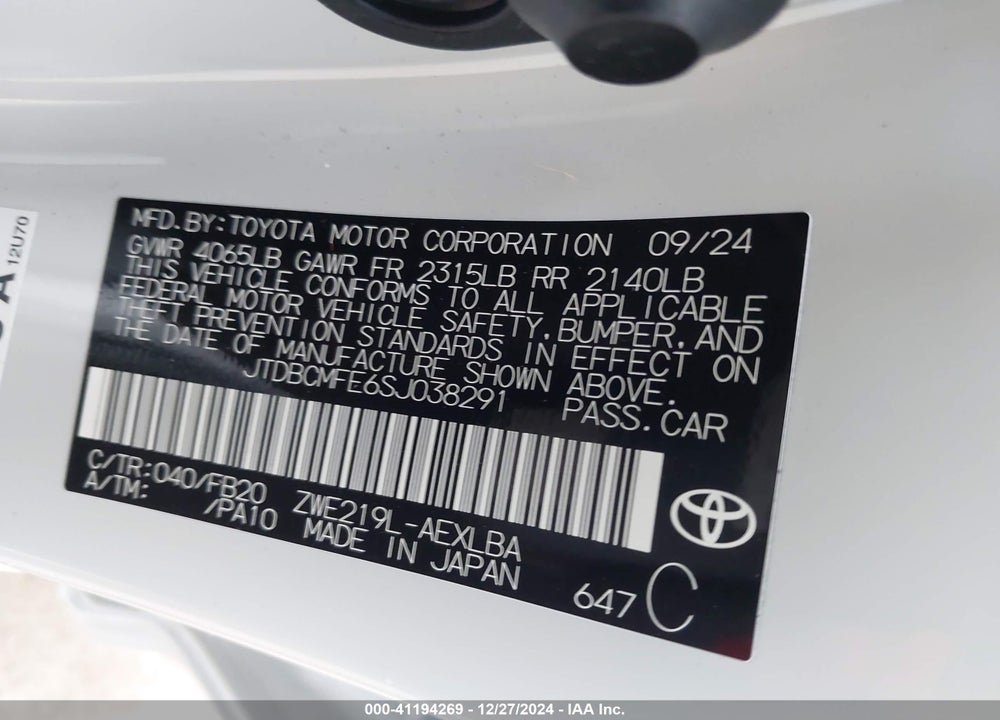 2025 TOYOTA COROLLA HYBRID LE VIN: JTDBCMFE6SJ038291