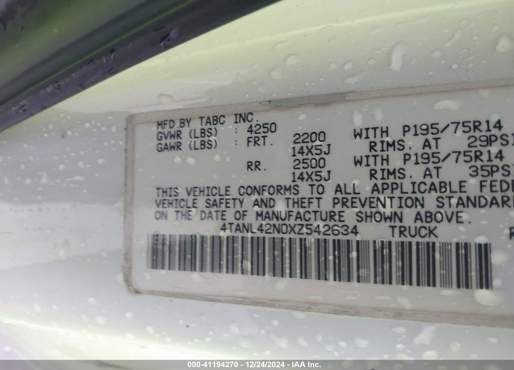 1999 TOYOTA TACOMA VIN: 4TANL42N0XZ542634