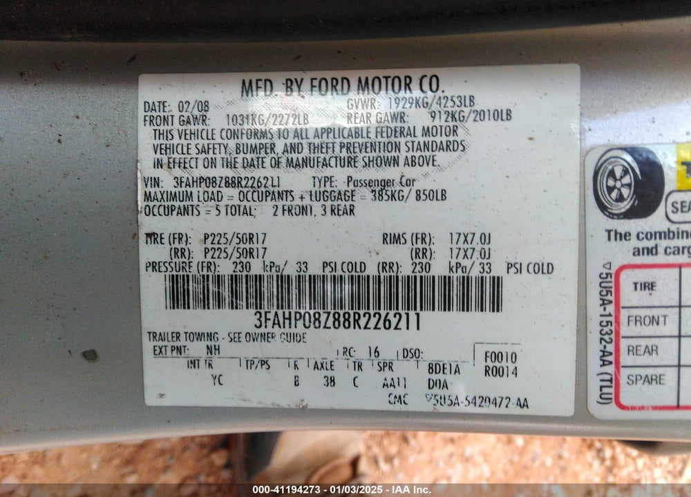 2008 FORD FUSION SEL VIN: 3FAHP08Z88R226211