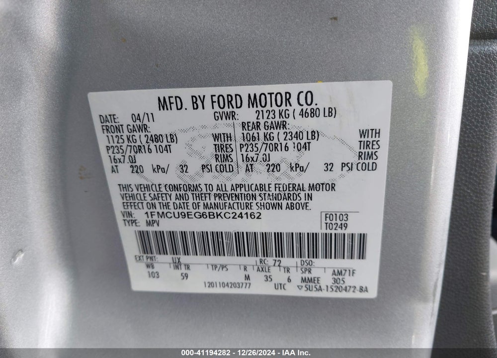 2011 FORD ESCAPE LIMITED VIN: 1FMCU9EG6BKC24162