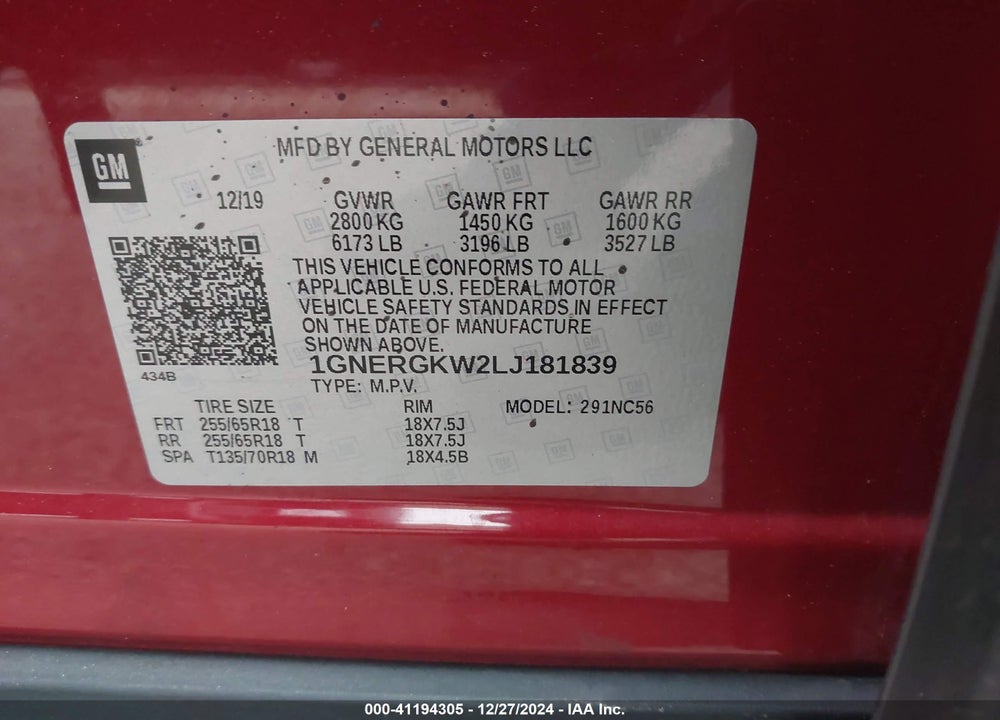 2020 CHEVROLET TRAVERSE FWD LT CLOTH VIN: 1GNERGKW2LJ181839