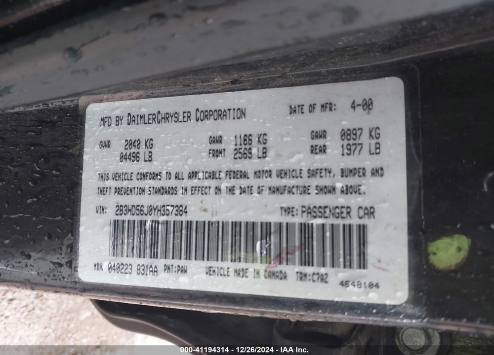 2000 DODGE INTREPID ES VIN: 2B3HD56J0YH357384