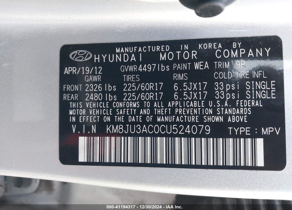 2012 HYUNDAI TUCSON VIN: KM8JU3AC0CU524079