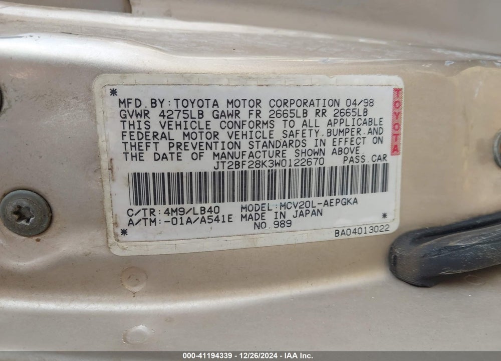 1998 TOYOTA CAMRY LE V6/XLE V6 VIN: JT2BF28K3W0122670